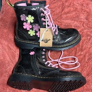 Dr. Martens Black Glitter Boots with Pink and Yellow Flowers